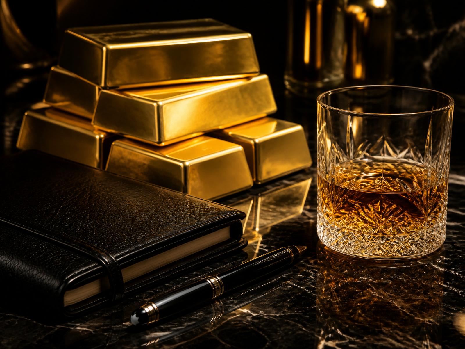 Gold bars, leather notebook, whiskey on black marble