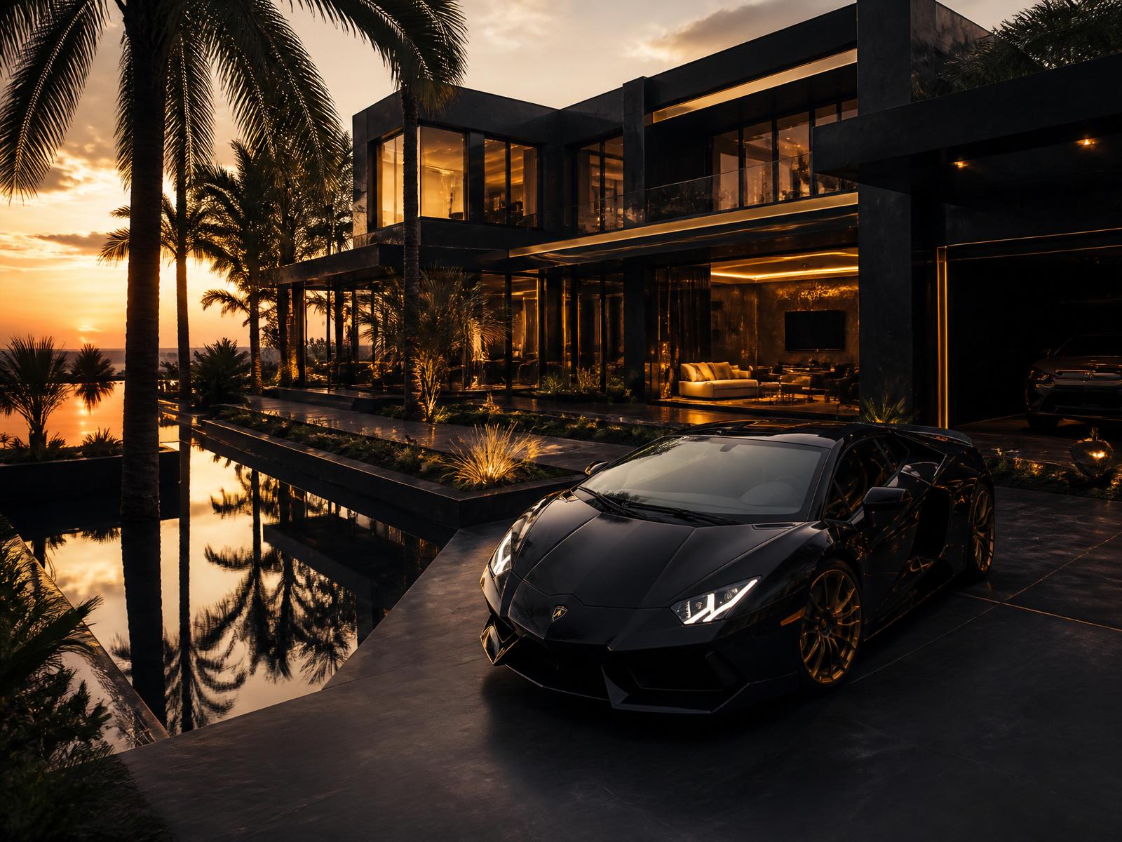 Black villa at golden hour